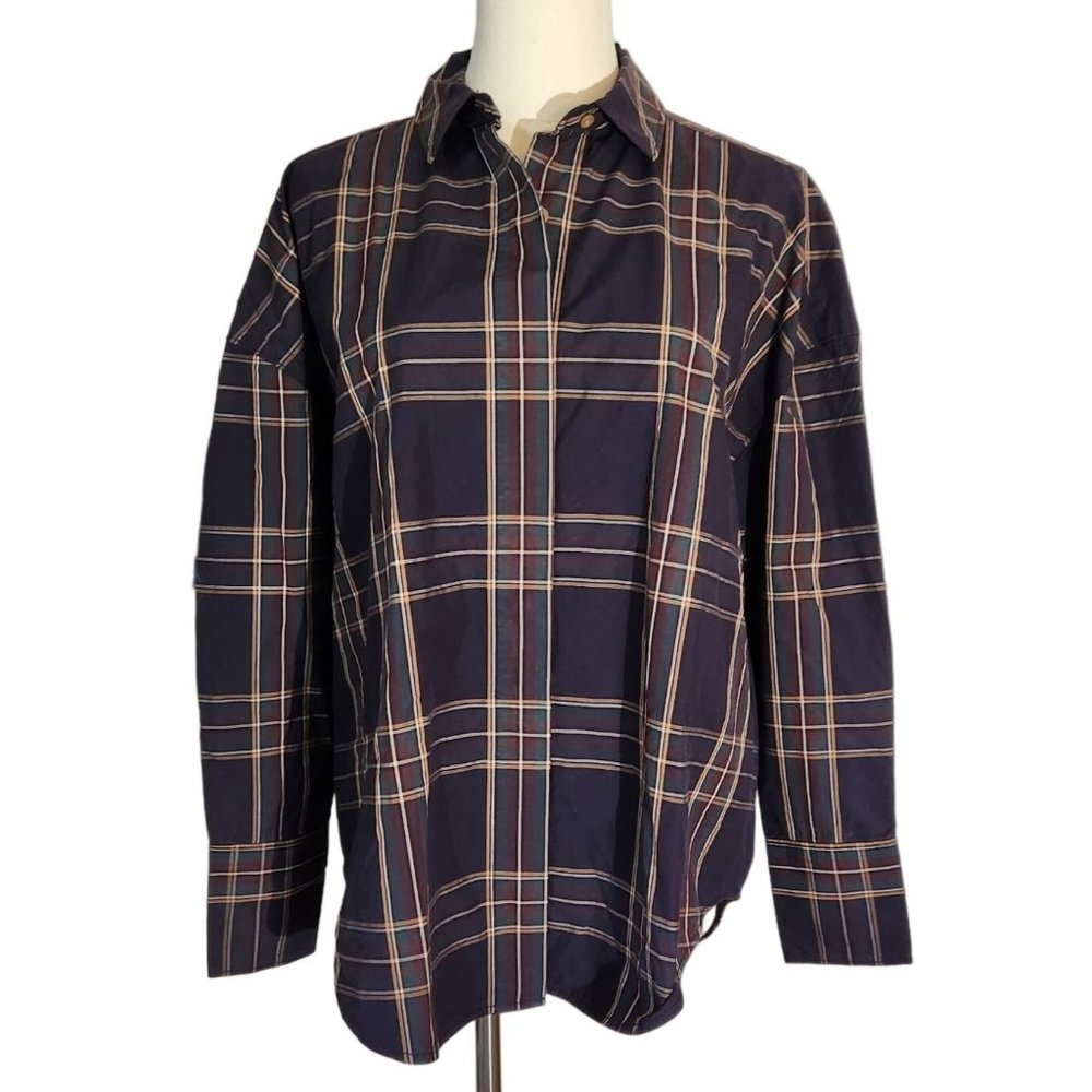 Everlane The Silky Cotton Relaxed Shirt Navy Plaid Women's Size XS